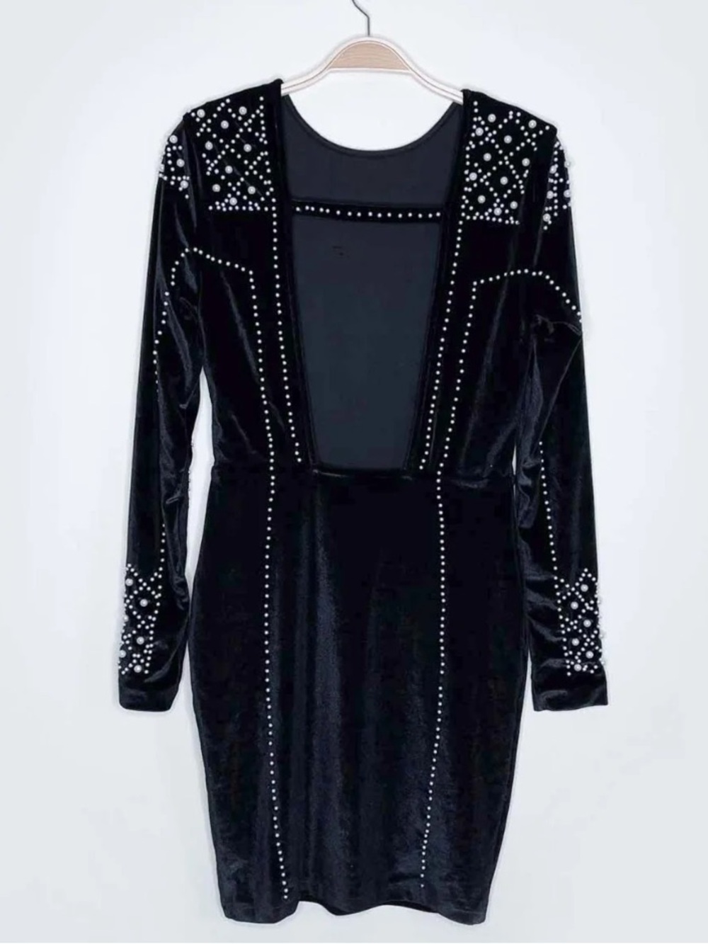 NWT H&M Black Velvet and Pearl Embellished Mini Dress - Picture 4 of 15